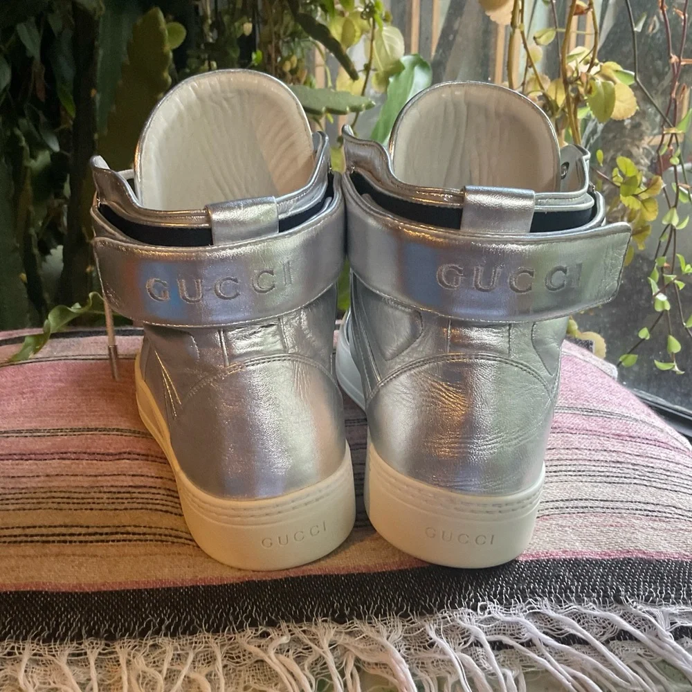 Gucci Argento Metallic Silver High Top Leather Trainers Size 14